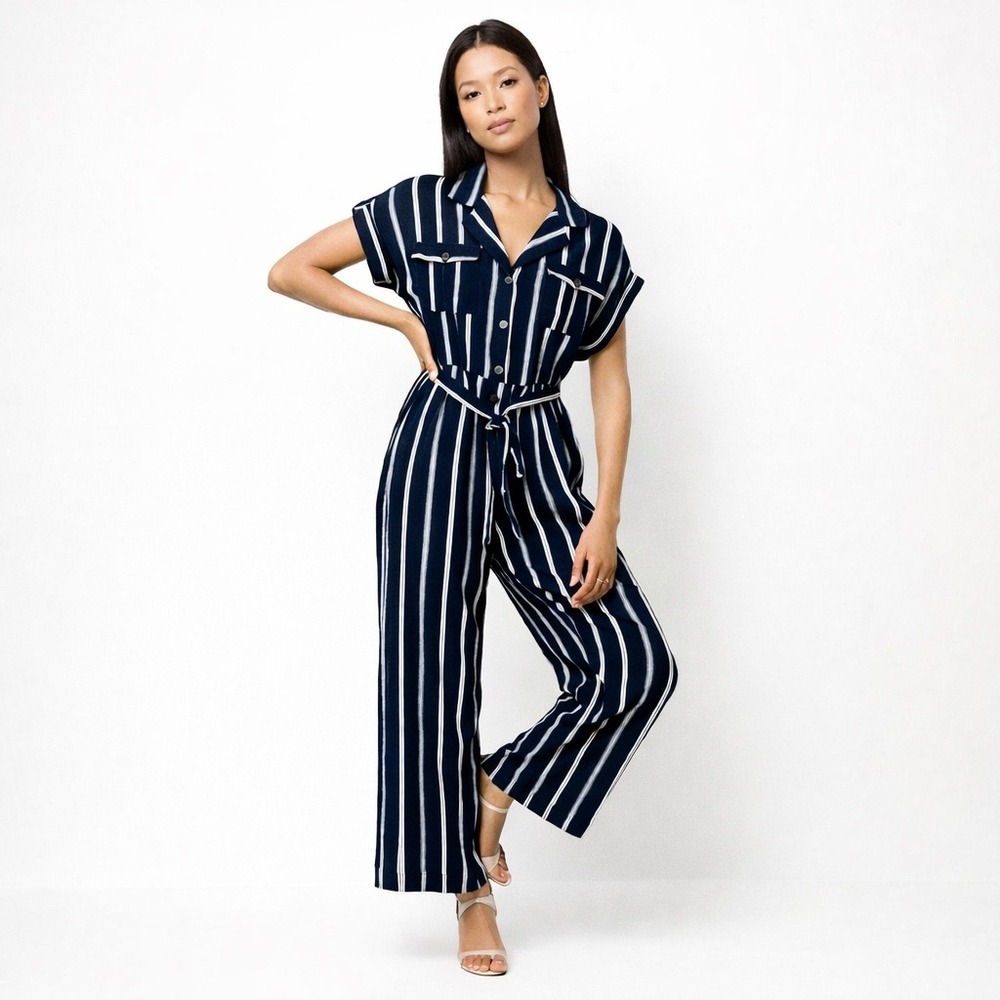NWOT Toxik3 Women's Striped Jumpsuit Sz M Multicolor Belted Waist Casual V-Neck